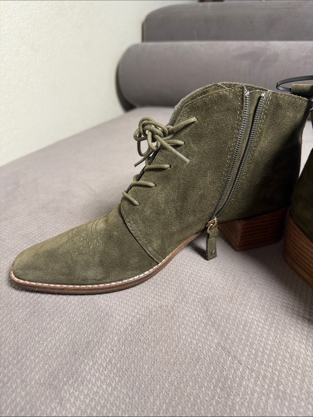 Kelsi Dagger for Anthropologie Olive Green Suede Lace-Up Ankle Boots - Picture 3 of 10